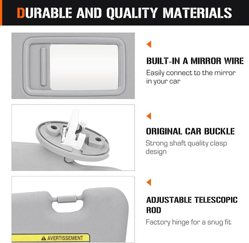 AEagle Left & Right Sun Visor with Light for 2008-2013 Toyota Highlander, Driver & Passenger Side Gray Sunvisor Replacement 74320-48500-B0 74320-0E050-B0 - Image 5